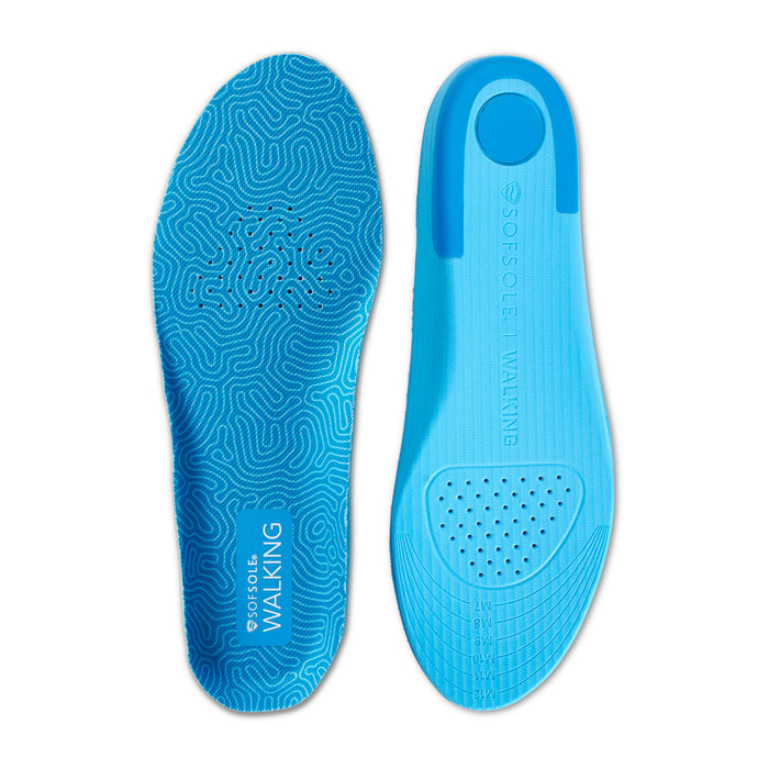 Blue women's walking insole pair with textured top and perforated comfort pad