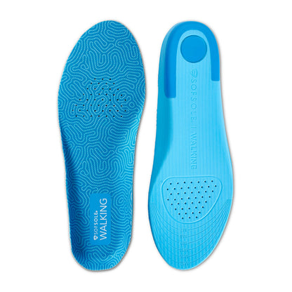 Blue women's walking insole pair with textured top and perforated comfort pad