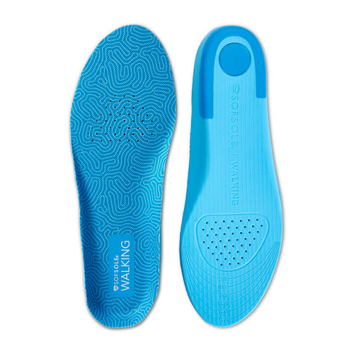 Blue women's walking insole pair with textured top and perforated comfort pad