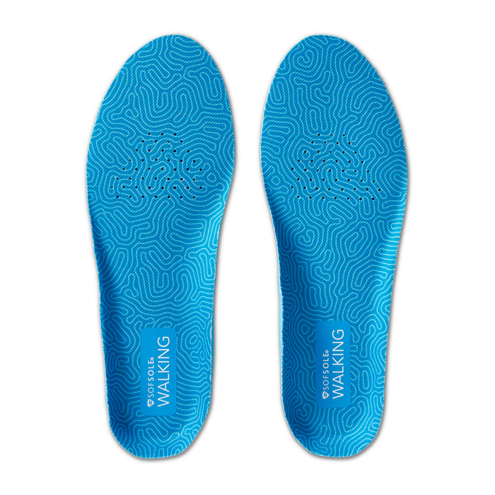 Blue women's walking insole pair with wavy grip texture on top surface