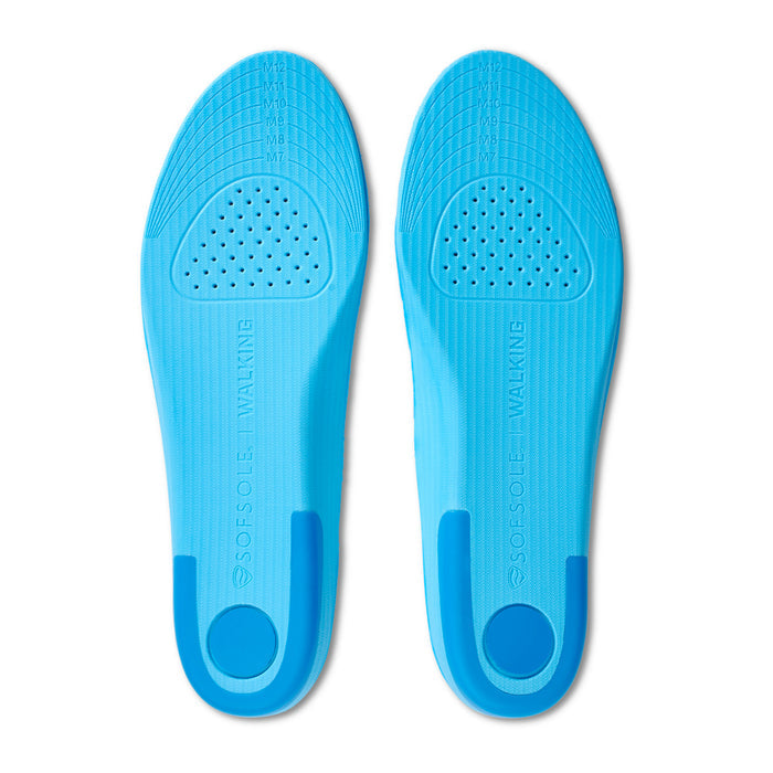 Blue women's walking insole pair, underside with ventilation holes and heel support