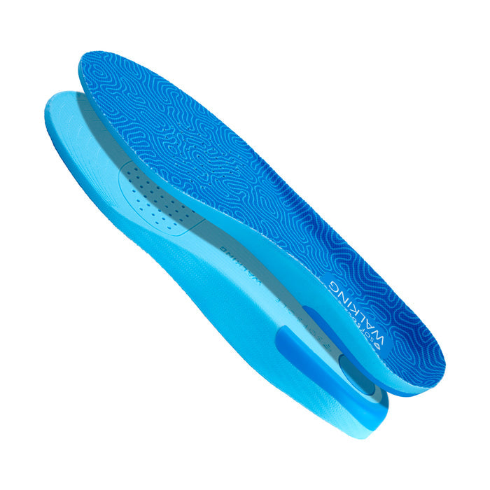 Blue walking insole with molded arch and cushioned layer, side view
