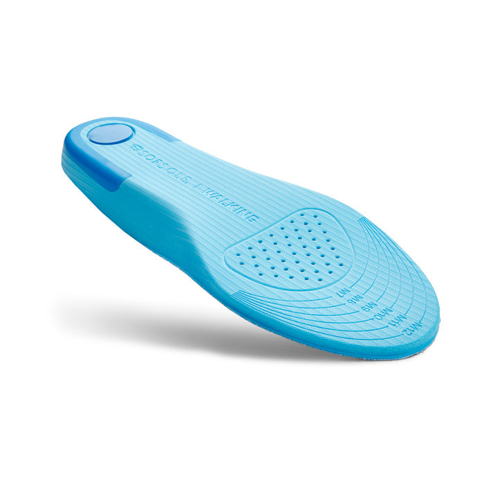 Light blue walking insole with perforated forefoot pad and cushioning channels