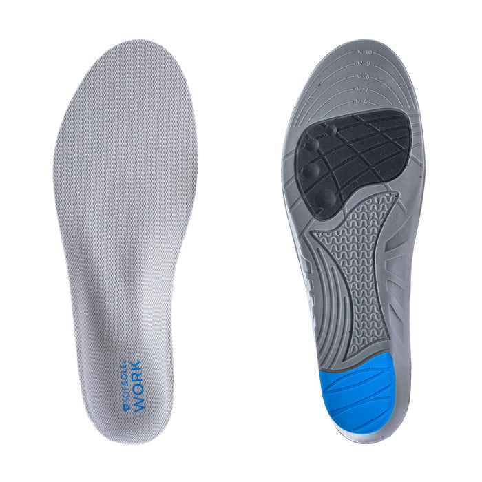 Women’s work insole with gray fabric top and black textured underside, blue heel pad