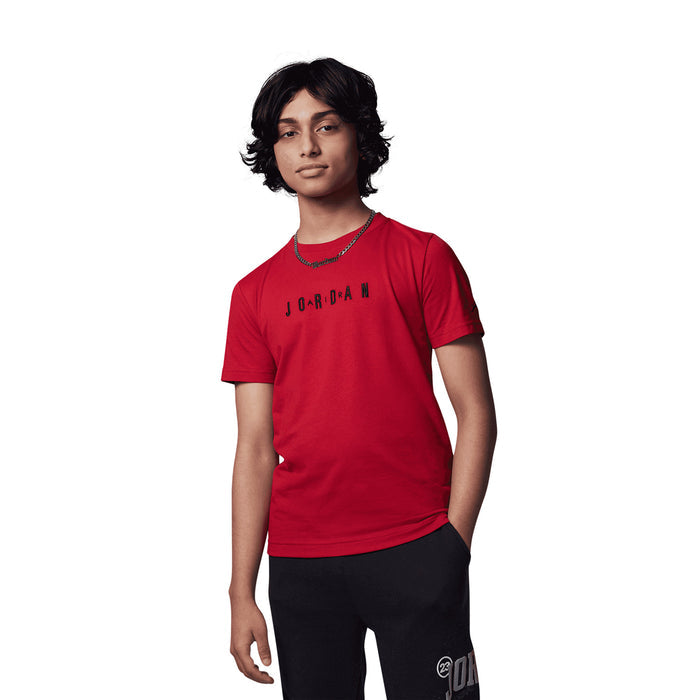 Gym Red youth crewneck T-shirt with embroidered "JORDAN" wordmark, worn by model
