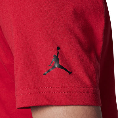 Close-up of embroidered Jumpman logo on Gym Red T-shirt sleeve hem