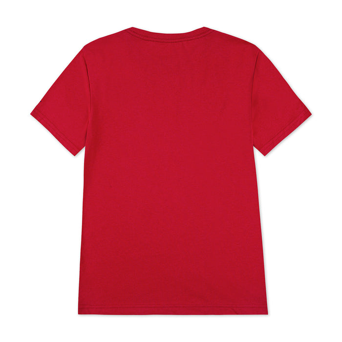 Gym Red youth crewneck T-shirt back view on white background, plain