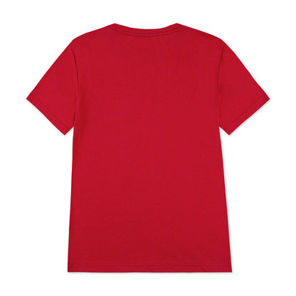 Gym Red youth crewneck T-shirt back view on white background, plain