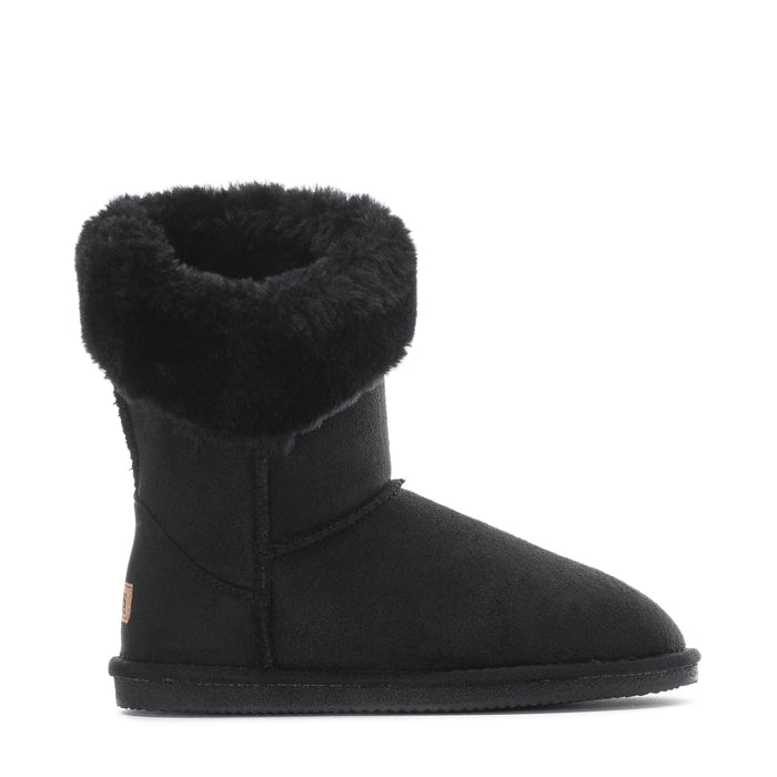 Black womens wrap boot with plush faux-fur cuff and stitched side seam