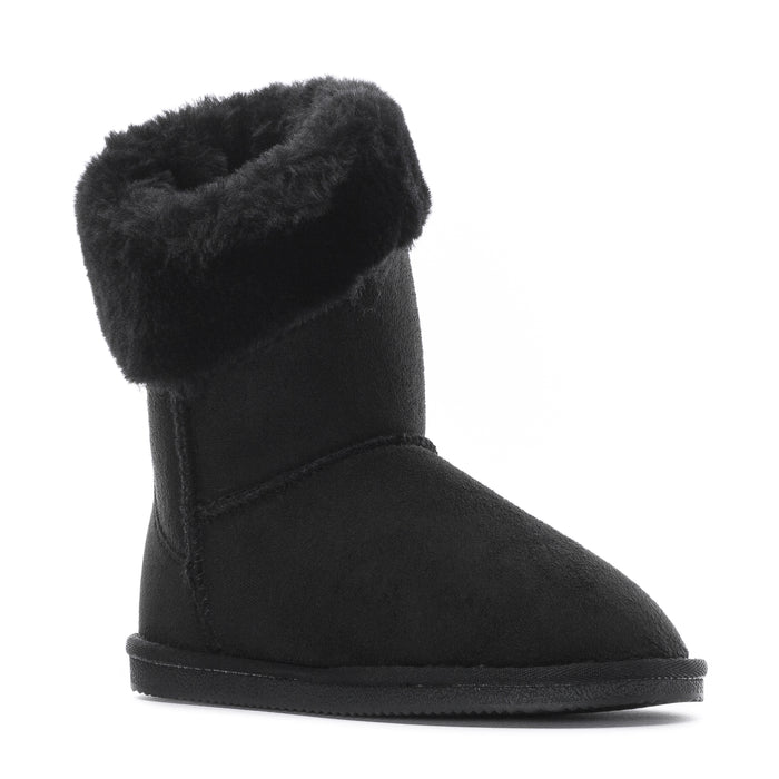 Black womens wrap boot angled view with plush lining and low profile