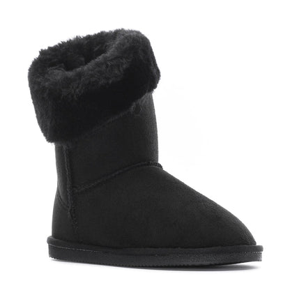 Black womens wrap boot angled view with plush lining and low profile