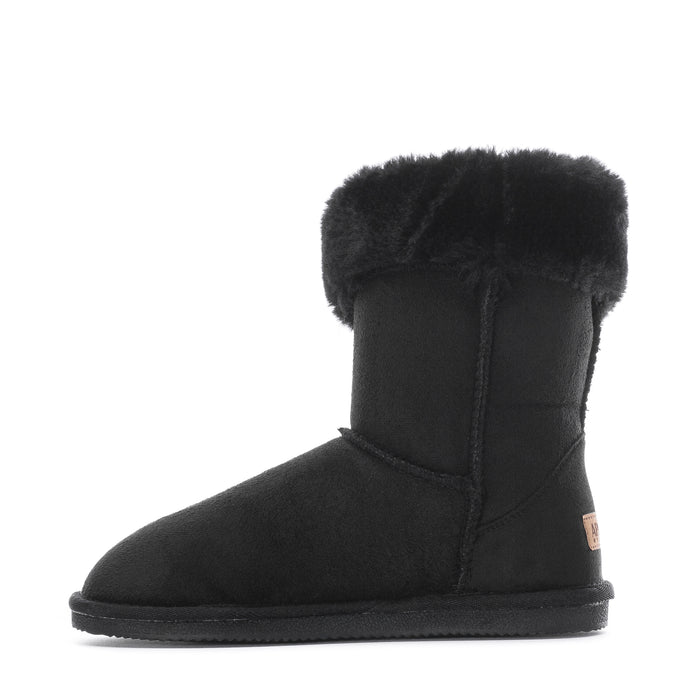 Black womens wrap boot with faux-fur collar and panel seam detail
