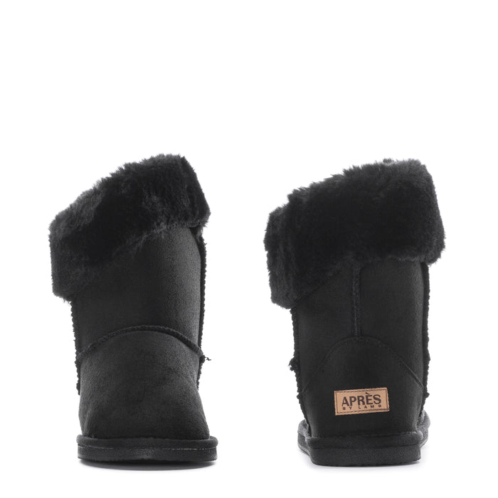 Black women's wrap boots with faux fur cuff, front and back views