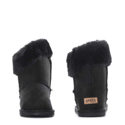 Black women's wrap boots with faux fur cuff, front and back views