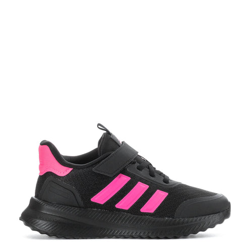 Kids black lace-up sneaker with pink heel tab, three side stripes, textured sole