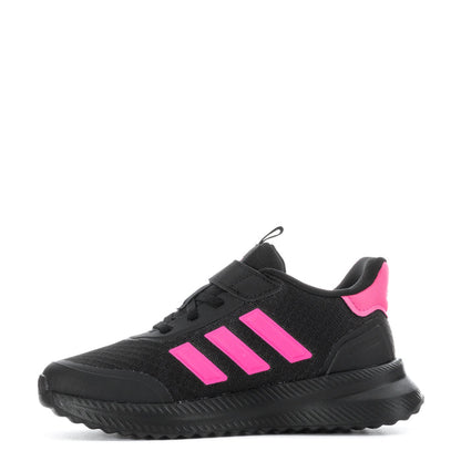 Kids black running sneaker with pink stripes on side and lace-up front