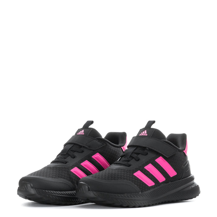 Pair of kids black sneakers with pink three stripes and lace-up design