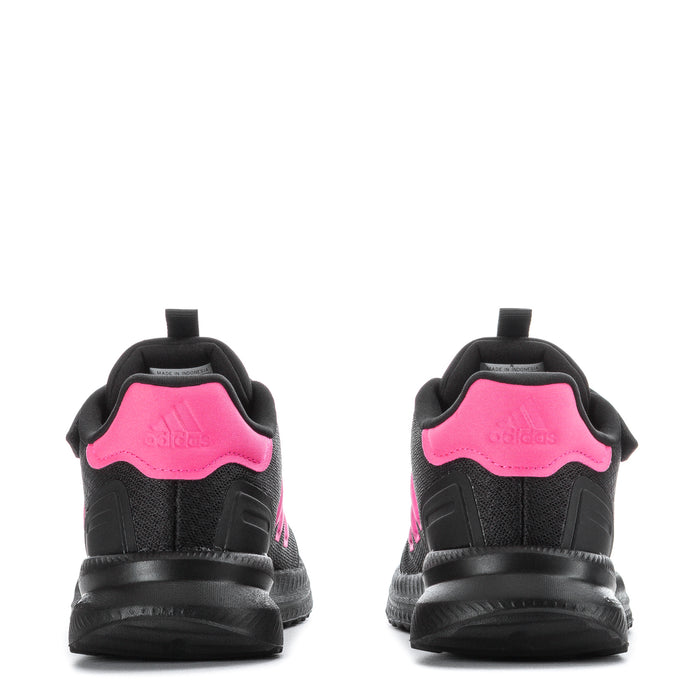 Kids black sneakers with pink heel padding and lace-up back view