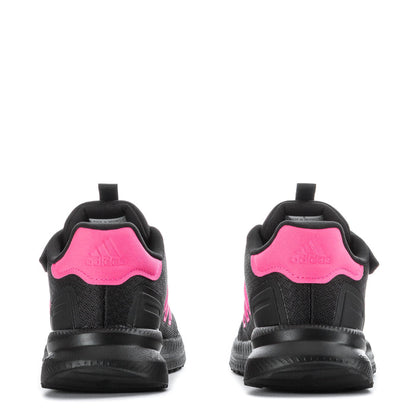 Kids black sneakers with pink heel padding and lace-up back view