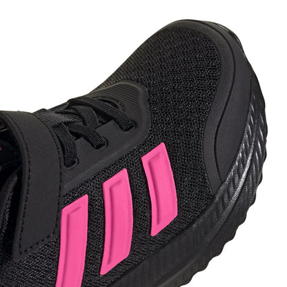Kids black mesh sneaker with bright pink three stripes and padded lace area
