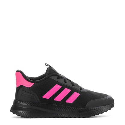 Youth black athletic sneaker with three pink side stripes and black laces