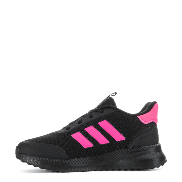 Youth black running shoe with pink accents on the side and textured black outsole