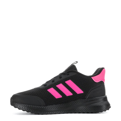 Youth black running shoe with pink accents on the side and textured black outsole