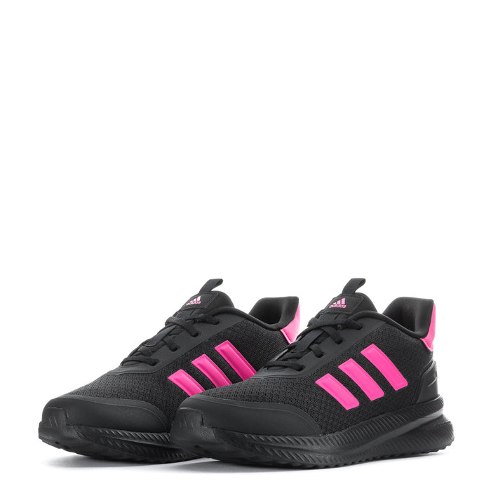 Pair of youth black sneakers with pink triple stripes and black rubber sole