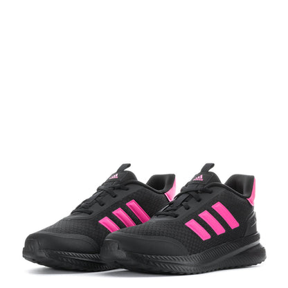 Pair of youth black sneakers with pink triple stripes and black rubber sole