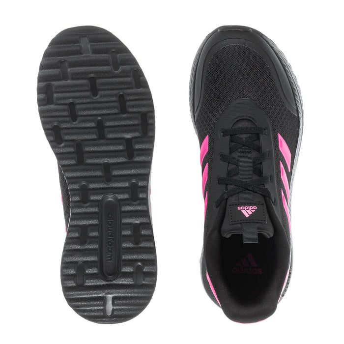 Youth black sneaker soles shown front and tread with pink heel accent
