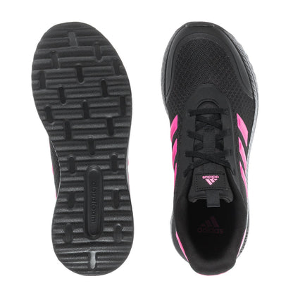 Youth black sneaker soles shown front and tread with pink heel accent