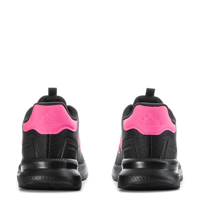 Youth black sneakers from the back with pink heel panels and black pull tabs