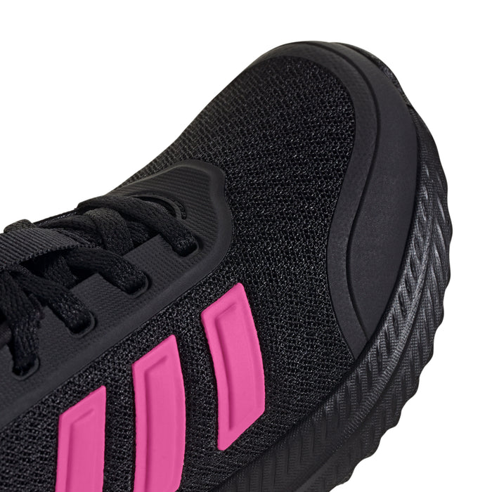 Youth black knit upper sneaker detail with pink stripes and black lace overlay
