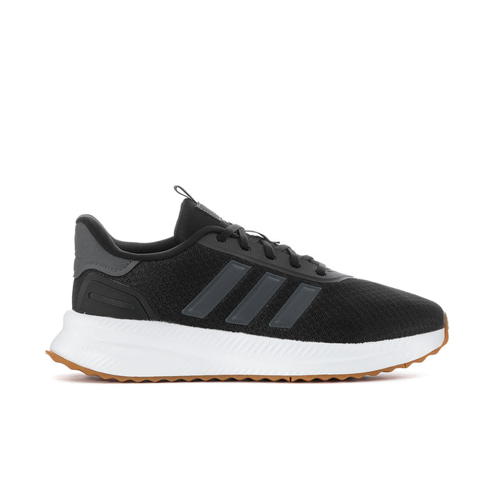 Men's wide running shoes, black knit upper with gray stripes and white sole