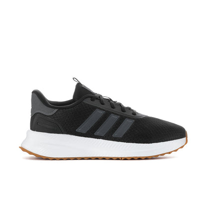Men's wide running shoes, black knit upper with gray stripes and white sole
