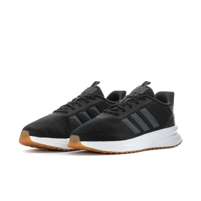 Men's wide running shoes, black knit upper with gray stripes and gum-tinted outsole