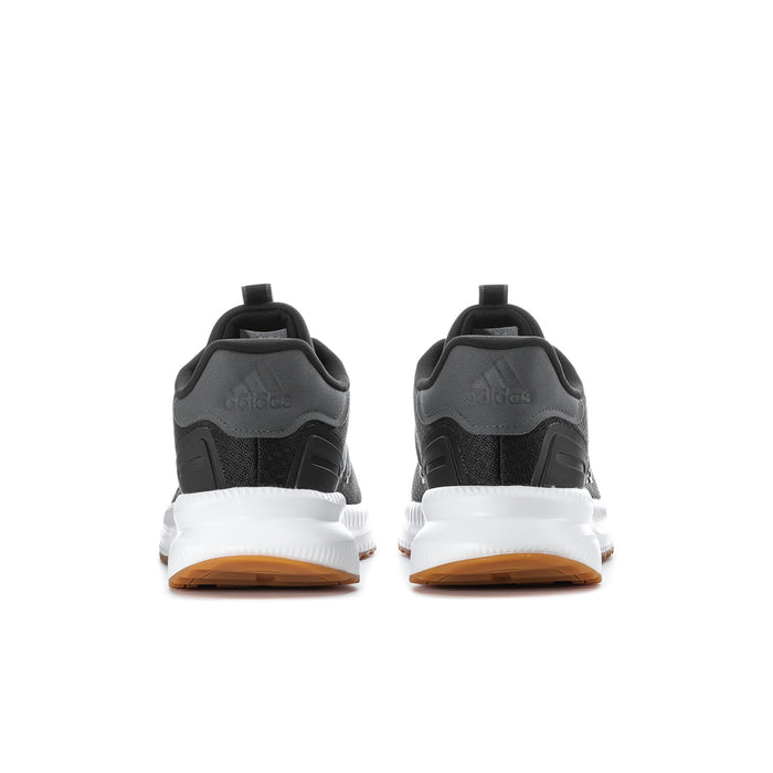 Men's wide running shoes, black back view with white midsole and gum outsole edge
