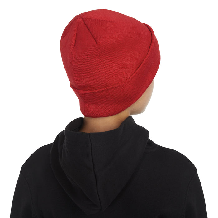 Youth red cuff beanie viewed from back