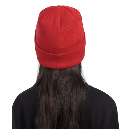 Youth red knit beanie viewed from back