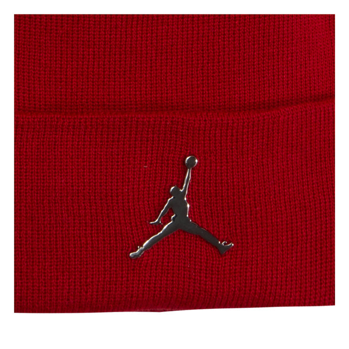Red cuff beanie with Jumpman logo close-up