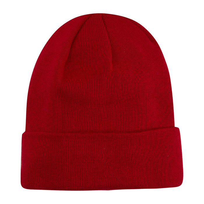 Youth red cuff beanie, plain back view