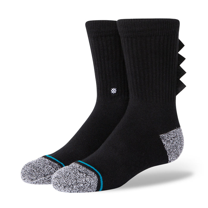 Black youth crew socks, ribbed knit, gray toe/heel, small white logo at ankle.