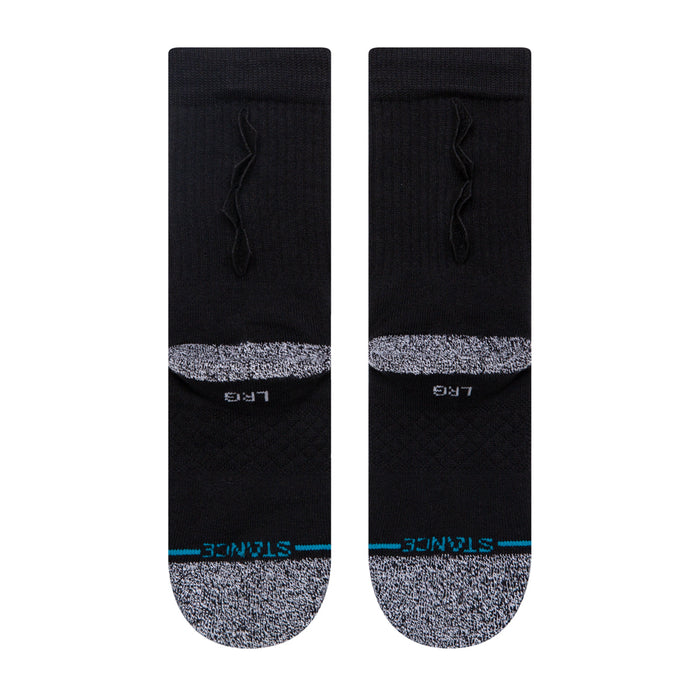 Black crew socks with gray toe, blue heel stripe, embroidered dinosaur graphic on side.