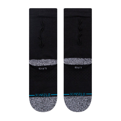 Black crew socks with gray toe, blue heel stripe, embroidered dinosaur graphic on side.