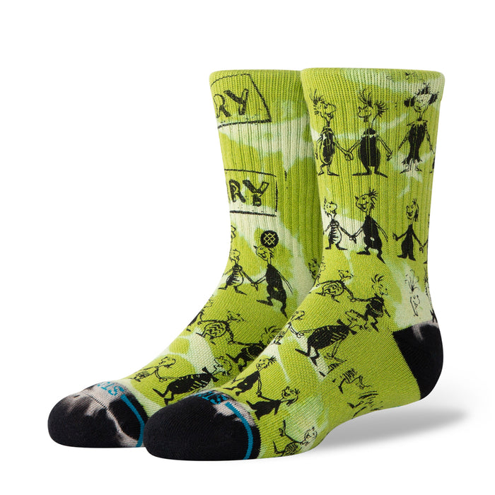 Youth lime green crew socks with Whoville character print and black toe/heel