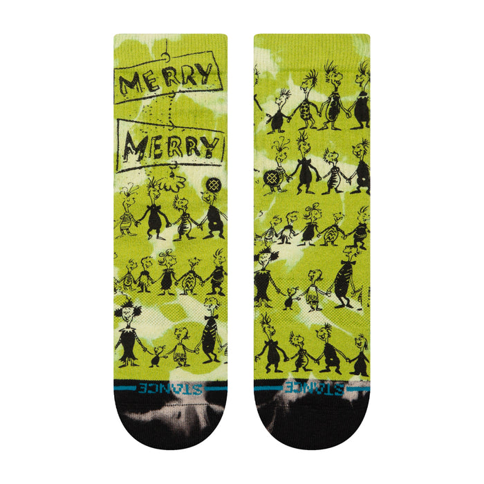 Youth lime green crew socks with 'MERRY' band and Whoville character pattern, black toe
