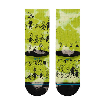 Youth lime green crew socks with Whoville character collage and black toe/heel