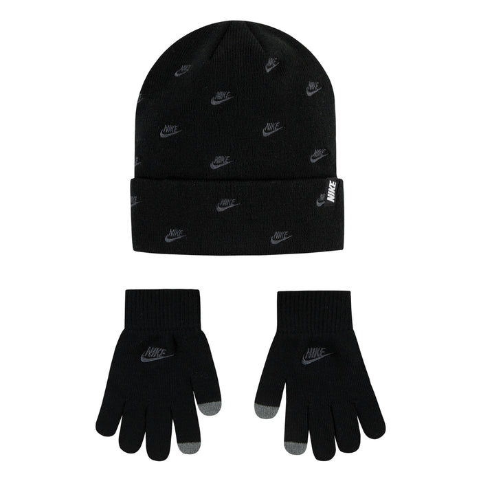 Black beanie and knit gloves set with repeating Nike logos
