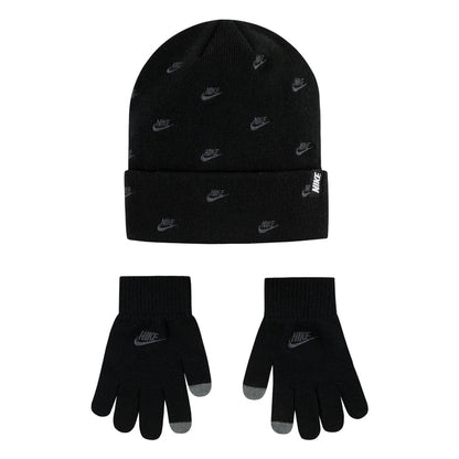 Black beanie and knit gloves set with repeating Nike logos