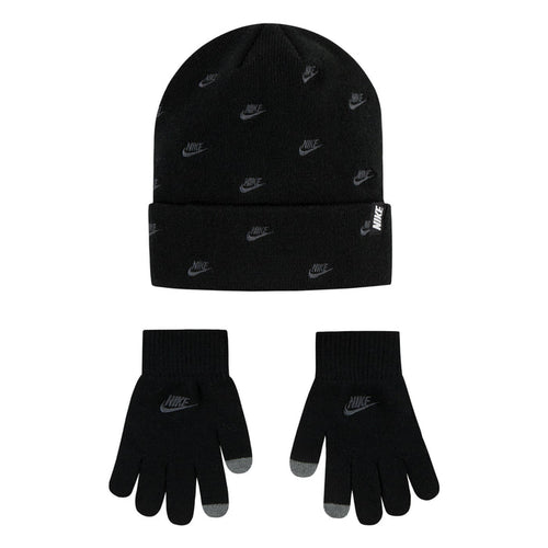 Black beanie and knit gloves set with repeating Nike logos